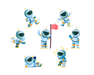 Astronaut character set. Cartoon spaceman wearing space suit setting flag, walking, dancing, showing like. Vector illustration for space explore, galaxy, cosmonaut concepts