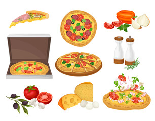 Pizza and Ingredients with Olives and Cheese Vector Set