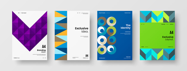 Fototapeta premium Company identity brochure template collection. Business presentation vector A4 vertical orientation front page mock up set. Corporate report cover abstract geometric illustration design layout bundle.