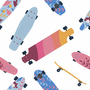 Skateboard pattern with vector different skate decks in flat design. Skateboarding seamless background with boards of different colors and types.