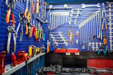 Wrenches set in the workshop stock photo
