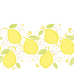Vector summer lemon border. Tropical modern mediterranean repeating design. Hand drawn bright textured citrus fruit pattern with leaf and blossom on white background. Classy playful summer backdrop.