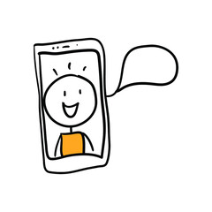 Hand drawn doodle vector illustration –  phone video connection concept. Man face on smartphone screen