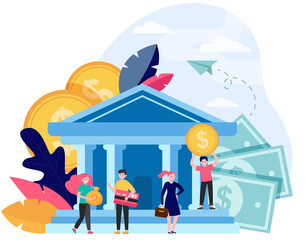 Fototapeta na wymiar Business people with money and credit card standing near bank building. Queue of customers visiting bank office. Flat vector illustration for finance, payment, transaction, service concepts
