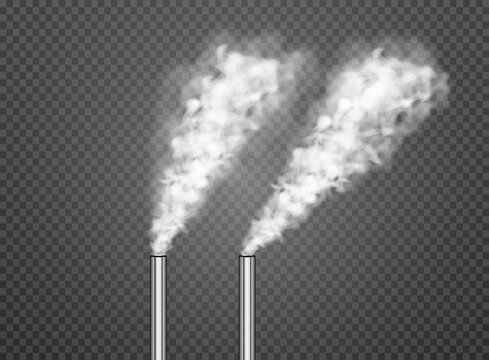 Chimneys with white smoke, industrial factory pipes collection. Urban power plant flues with steams isolated on transparent background. Air pollution concept. Vector illustration.