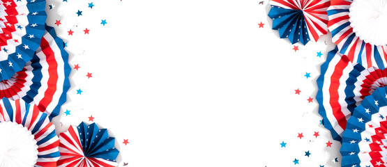 4th of July American Independence Day. Happy Independence Day. Red, blue and white star confetti,...