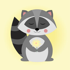 Cute raccoon. North American raccoon, native mammal. Cartoon animal design. Flat vector illustration isolated on yellow background. Forest inhabitant. Wild animal with grey fur.