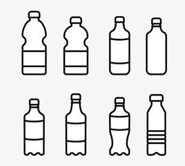 Icon set of plastic bottles of different shapes. Vector illustration, flat cartoon design, eps 10.