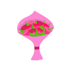 A bouquet of tulips in a pink wrapper is isolated on a white background. Vector illustration, eps 10.