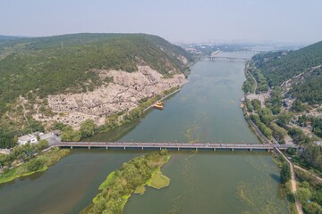 Longmen Grottoes Caves Yi River Luoyang in Henan province, China aerial drone photo