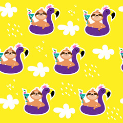 Beautiful summer sloth on a purple flamingo holds a blue cocktail on a yellow contrasting background seamless pattern. Concept summer
