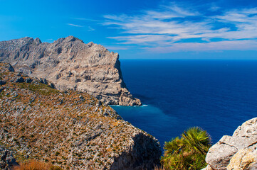 Cap de Formentor with high cliffs and deep blue ocean underneath at Mallorca, Spain