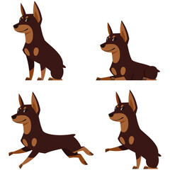 Doberman in different poses. Beautiful dog in cartoon style.