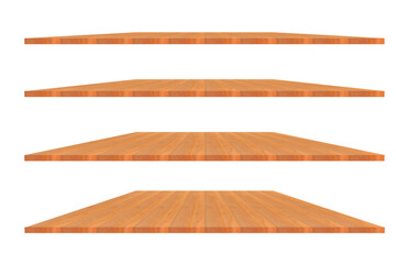 collection of wooden shelves on an isolated white background
