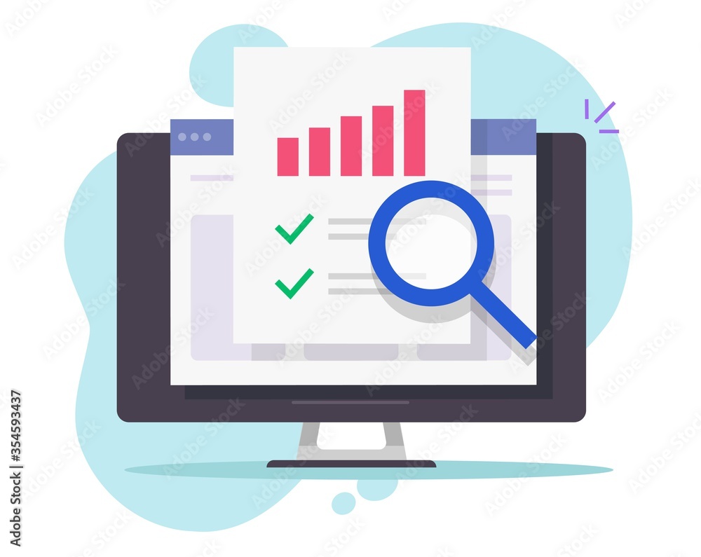 Poster financial audit research online on desktop computer or pc web analysis or analytics digital report v