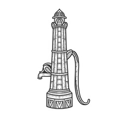 Water street standpipe sketch engraving vector illustration. T-shirt apparel print design. Scratch board imitation. Black and white hand drawn image.