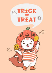 cute happy smiling fat cat with Halloween pumpkin head dracrular orange costume, trick or treat card, flat vector