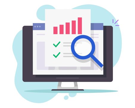 Financial audit research online on desktop computer or pc web analysis or analytics digital report vector flat, concept of accounting or sales finance market statistic inspection or quality evaluation