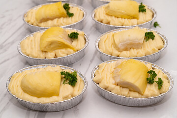Durian mousse cake,Durian cake and fresh yellow durian.