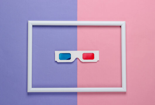 Retro 80s paper stereo 3D glasses with red-blue eye filters on colored background with white frame. Concept art