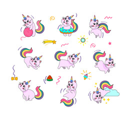 Pink unicorn cat set. Funny kitty wearing rainbow tail and corn birthday hat, playing among bow, sweets and confetti. Vector illustration for fantasy, animal, party, celebration, pet concepts