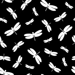 Seamless pattern with dragonflies. White silhouettes insects on a black background. Vector illustration. Great idea for designs backdrops, cards, textiles, packings, fabric, wallpapers, wrapping paper