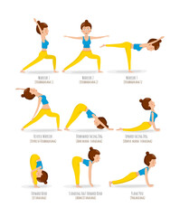 yoga basic poses. cartoon character. healthy lifestile.  illustration isolated on white