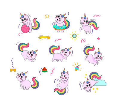 Pink unicorn cat set. Funny kitty wearing rainbow tail and corn birthday hat, playing among bow, sweets and confetti. Vector illustration for fantasy, animal, party, celebration, pet concepts