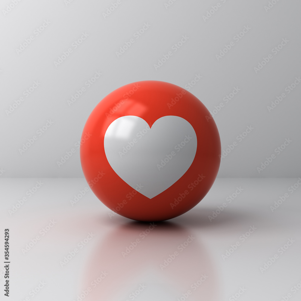 Poster Love like heart icon on red sphere ball isolated on white room background with shadow and reflection 3D rendering