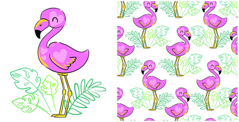 Set with flamingos. Trend print textile spring summer. Flamingo with tropical leaves beautiful pattern background. Seamless. Vector illustration