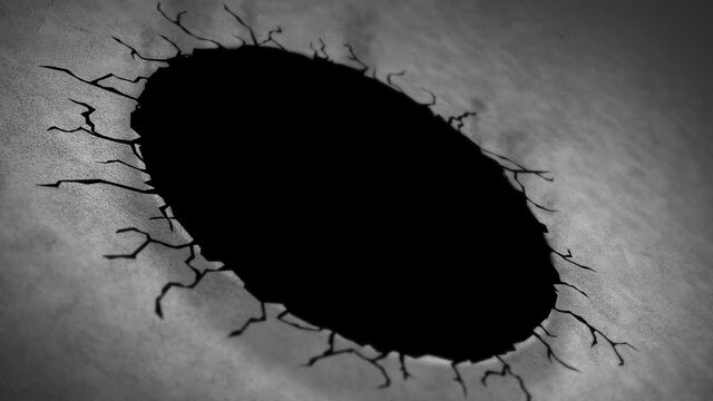 Landing on ground. Concrete surface crack with hole. Smoke, Fog, Dust. Broken hole. Diagonally view. Business concept of overcome and challenge. Loop animation.