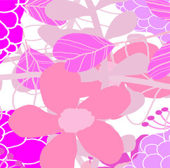 Abstract colourful pink lovely flowers and leaves pattern background. Creative cute floral hand drawn and doodles for your design.