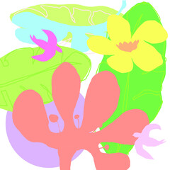 Abstract colourful lovely flowers, birds and leaves pattern background. Creative cute floral hand drawn and doodles for your design.