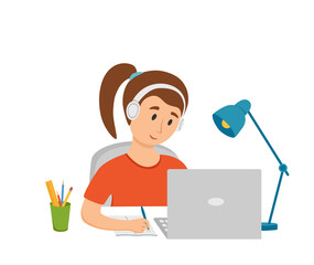 Girl studying online education at home cartoon vector illustration