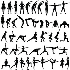 Big set of vector sillhouettes of slim woman doing fitness work out and yoga stretching in different standing poses. Fitness and yoga girl icons isolated on white background.