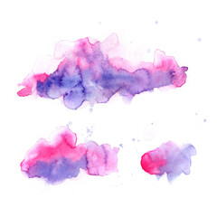 Pink haze. Ultra violet. Abstract paint spots on white background. Color watercolor stains and blots.