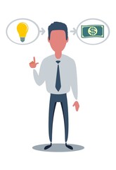 Man and Yellow Lamp overhead. Idea Generation. Creating Business Idea. New Technologies. Turn into Reality Thoughts. Vector Illustration. Reward for New Idea.