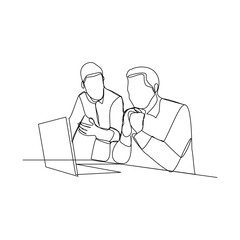 continuous line drawing of two men coworker talking something on laptop. vector illustration
