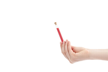 Blood sample in hand isolated on a white background
