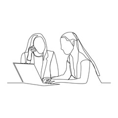 continuous line drawing of two women coworker talking something on laptop. vector illustration