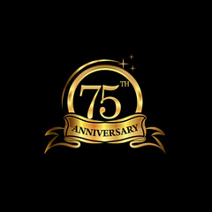 75 year anniversary celebration. Anniversary classic elegance golden color isolated on black background, vector design for celebration, invitation card, and greeting card