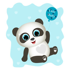 baby boy panda with balloon. Baby print or poster. Cute boy panda vector illustration for children. Contemporary © Yana