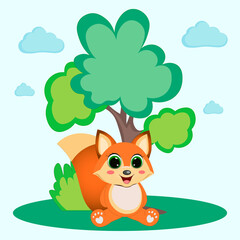 cute animals, little fox tree nature cartoon vector illustration