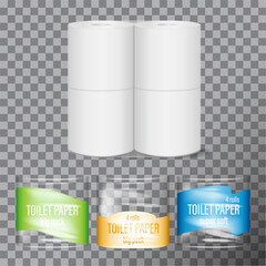 Toilet paper pack mockup. Super soft toilet paper plastic packaging. 4 rolls of natural cellulose paper inside. Hygiene branded product mockup