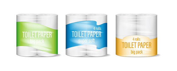 Toilet paper pack set. Super soft toilet paper plastic packaging. 4 rolls of natural cellulose paper inside