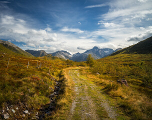 Naklejka na ściany i meble Beautiful late summer in the mountains, Isfjorden and Kavliheian valley.