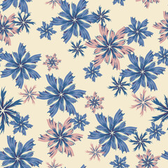 Seamless beige pattern in vintage style. Blue flowers, snowflakes for fabric, home textiles and paper for decoration. Provence.