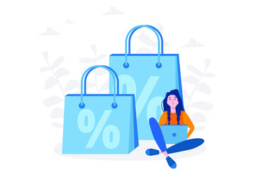 Big sale % Discount, online shopping,  woman with Shopping Bags, Vector illustration for web banner, infographics, mobile. 