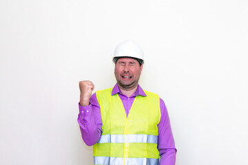 Thankful engineer celebrating, on a white background.