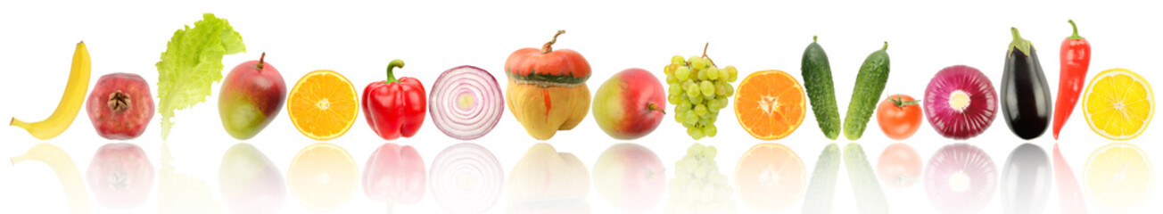 Different fruits and vegetables with reflection isolated on white